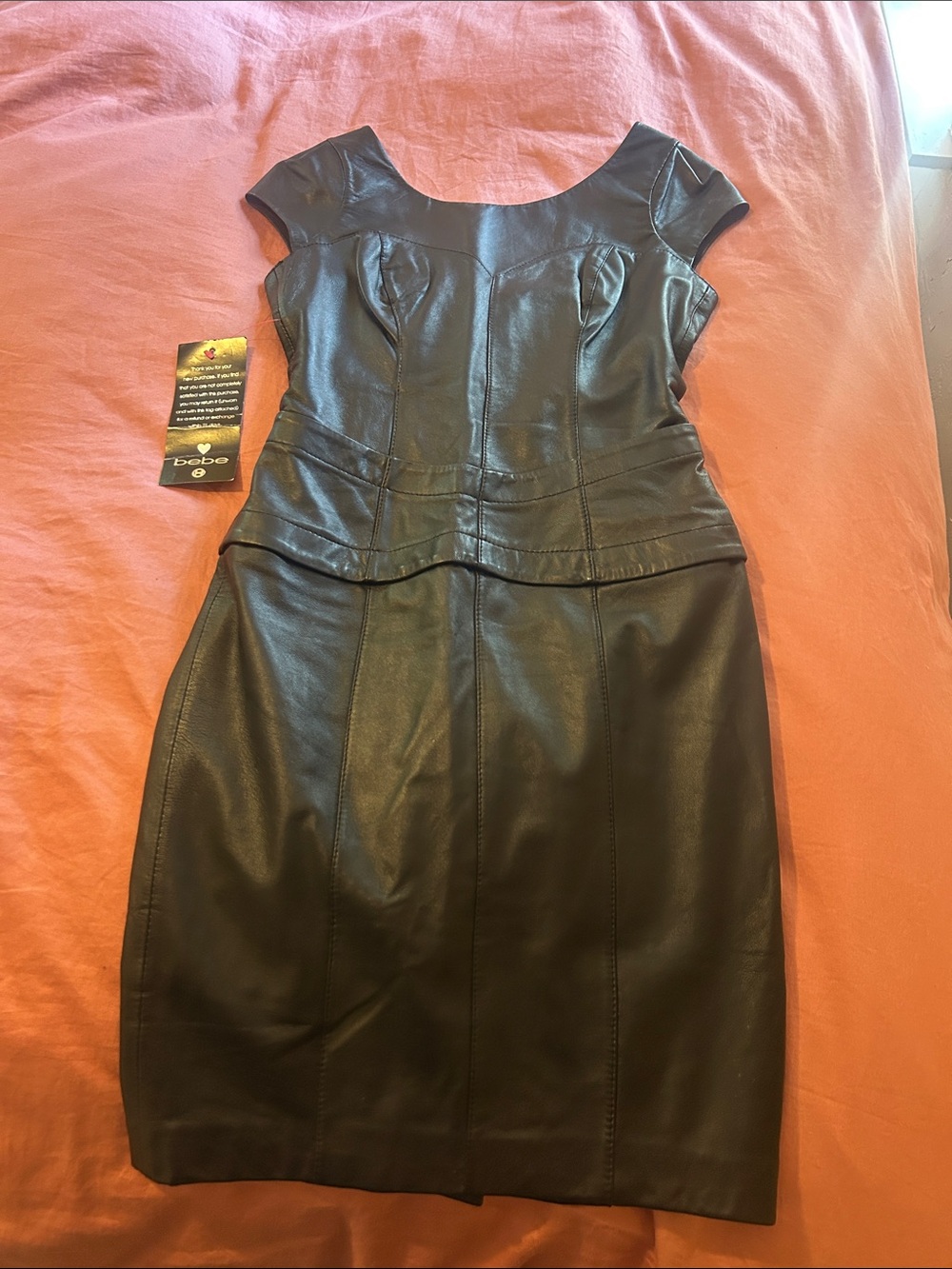 bebe Black Leather Cap-Sleeve Midi Sheath Dress